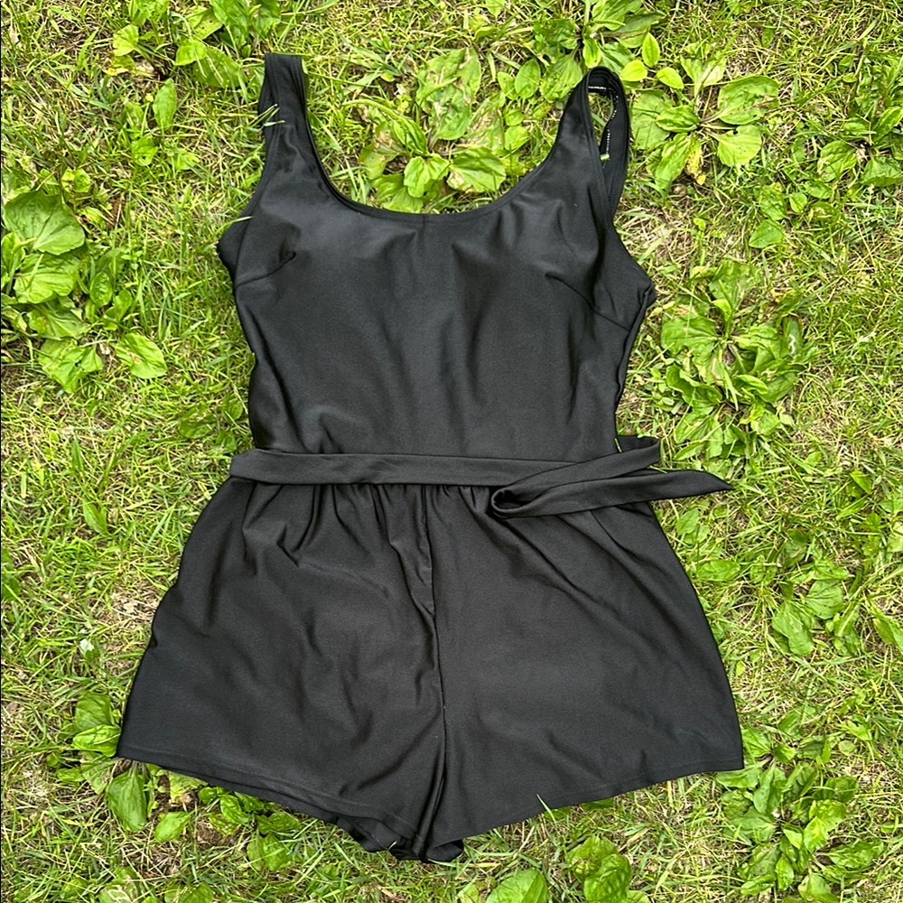 Black Sleeveless Vintage Romper Swimsuit with Tie Waist